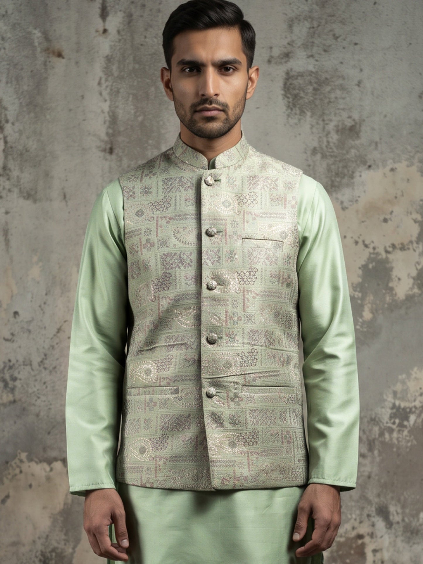 Men Jacquard Woven Design Nehru Jacket ( 65WC 4185Pista )