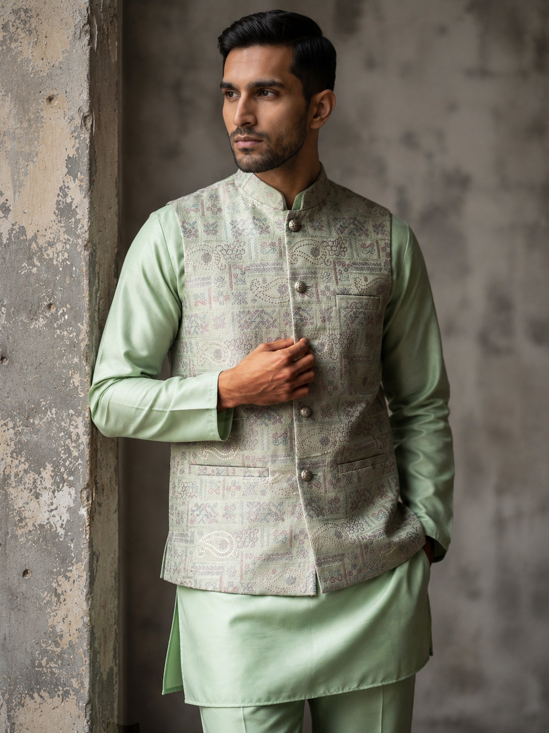 Men Jacquard Woven Design Nehru Jacket ( 65WC 4185Pista )