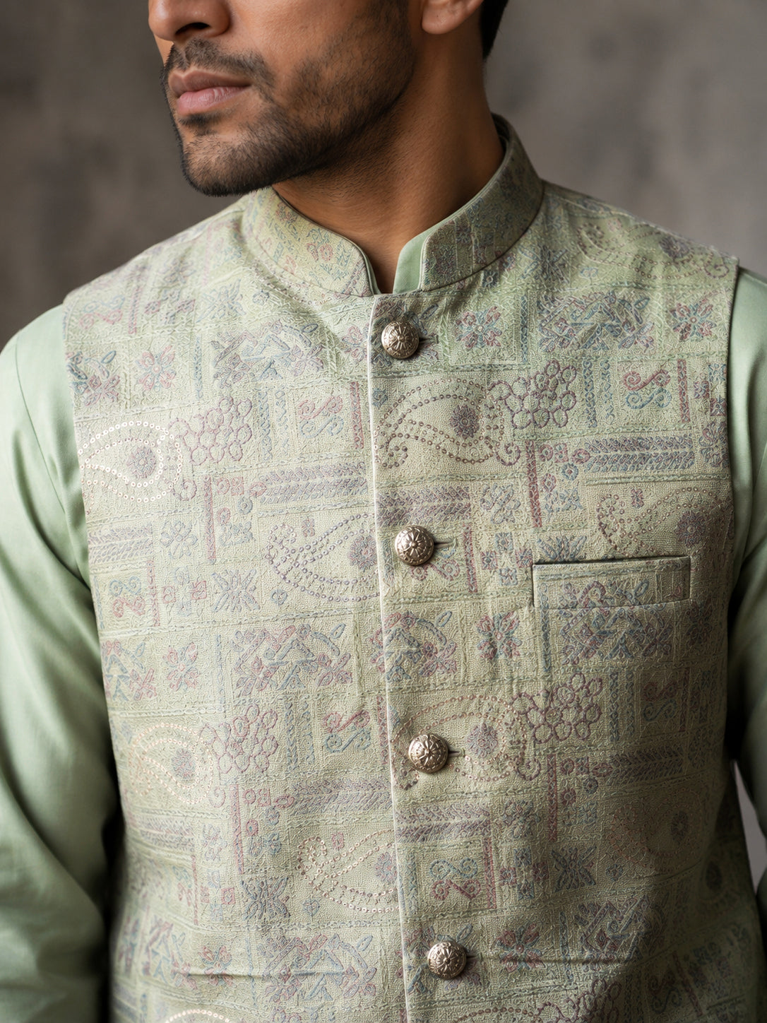 Men Jacquard Woven Design Nehru Jacket ( 65WC 4185Pista )