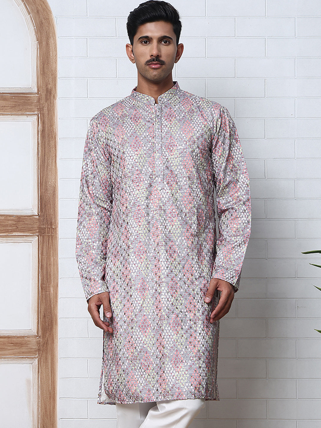 Men's Festive Sequins & Thread Work Kurtas ( ANMKO 288Grey )  [RT] [C-3]