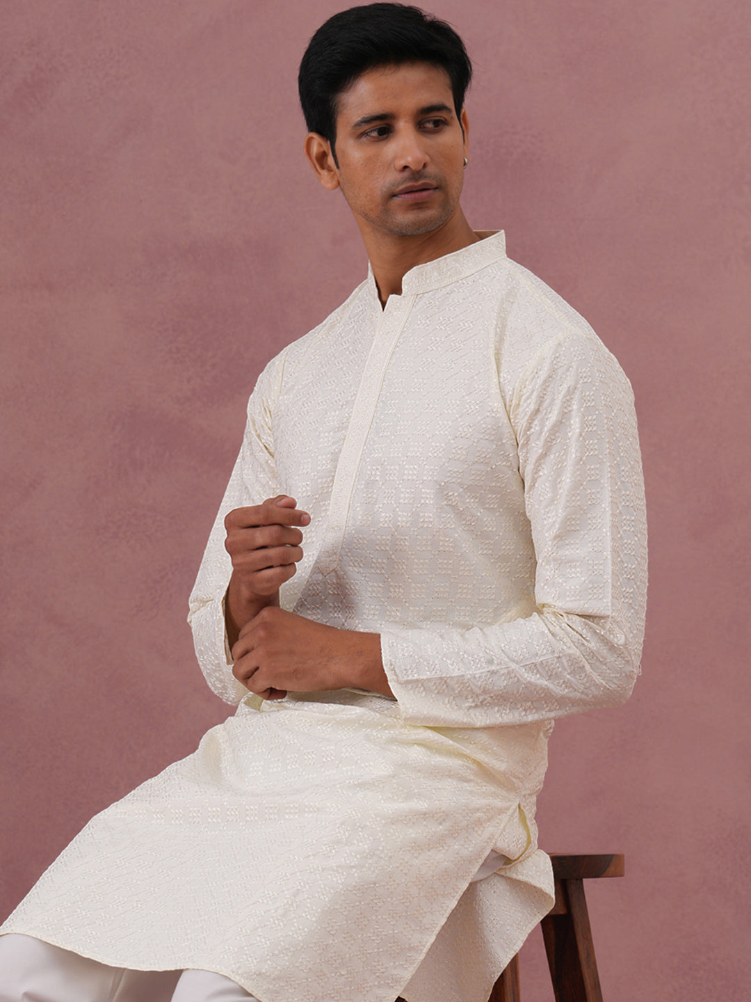 Silk Blend Embroidered Kurtas ( ANMKO 301Cream )  [RT] [L-6]
