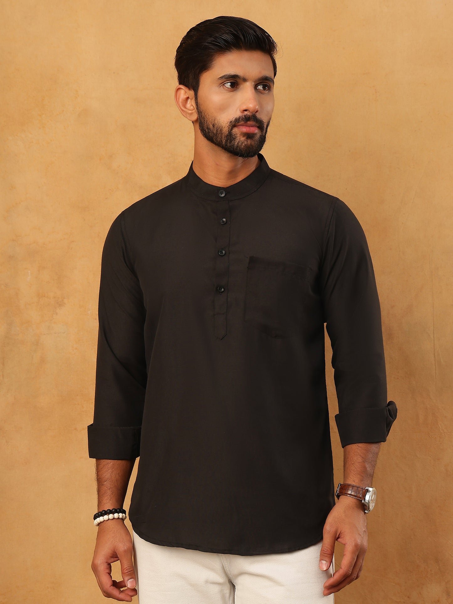 Solid Casual Short Kurta for Men ( ANMKO 304Black )