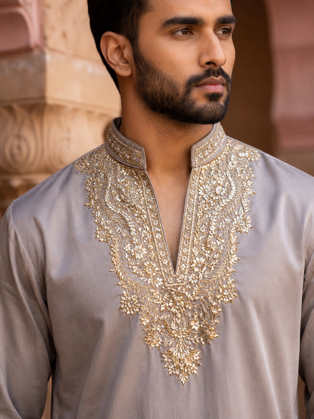 Cotton Blend Embroidered Kurta with Korean Pants ( 65KP PJ11W B 5634 Brown )