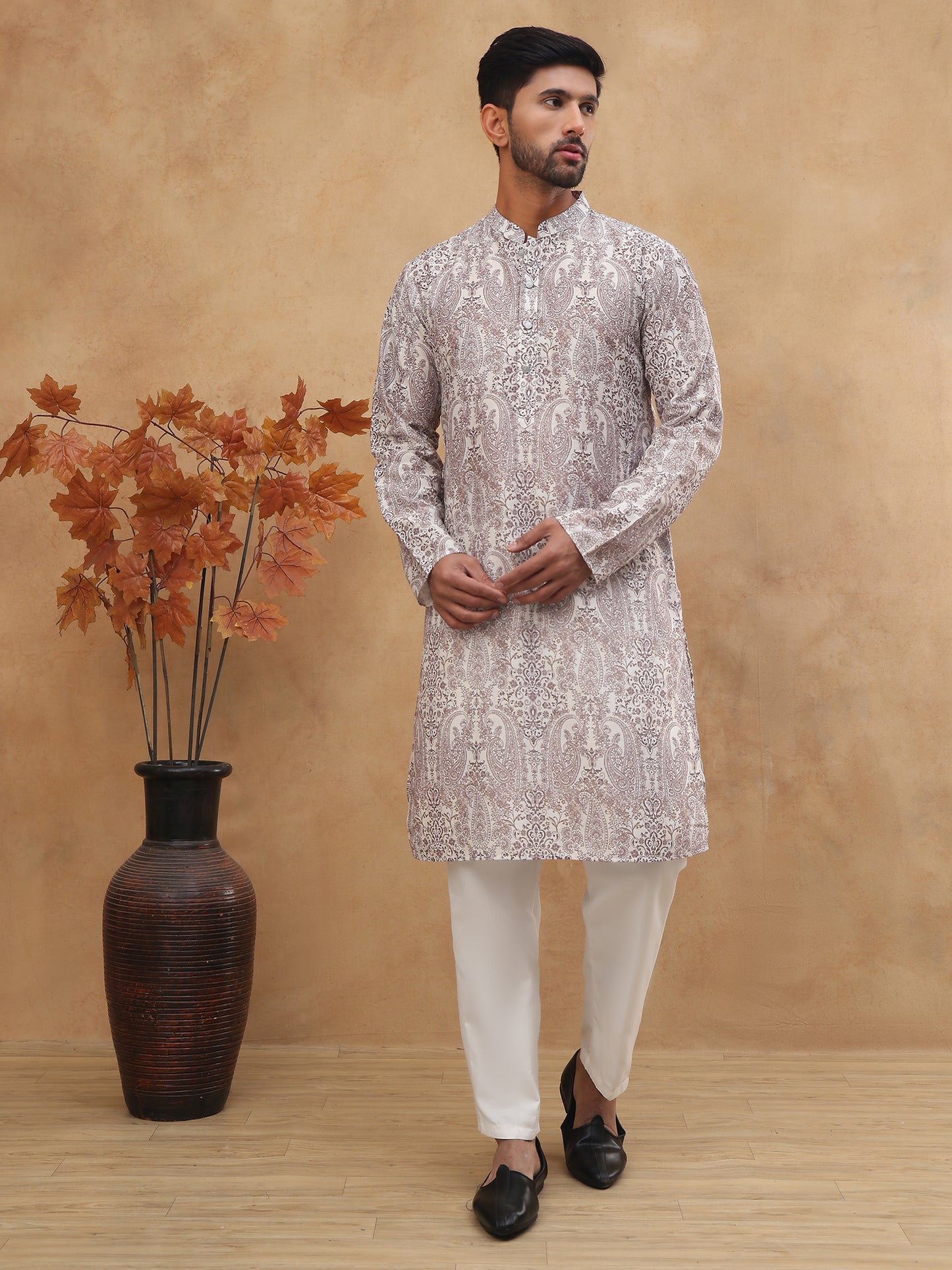 Men's Cotton Blend Paisley Printed Kurta ( HOPKO 001Brown )  [RT] [O-2]