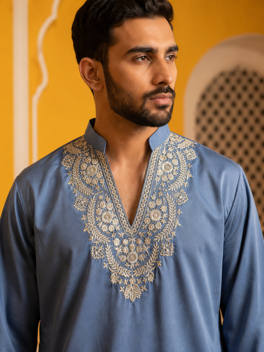 Cotton Blend Embroidered Kurta for Men ( 65KO 5634 Blue )
