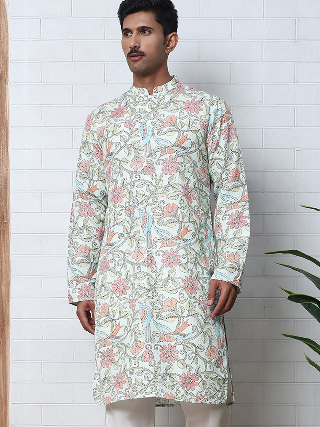 Floral Print Kurtas with Thread Work Embroidery ( ANMKO 284Pista ) [RT] [H-4]