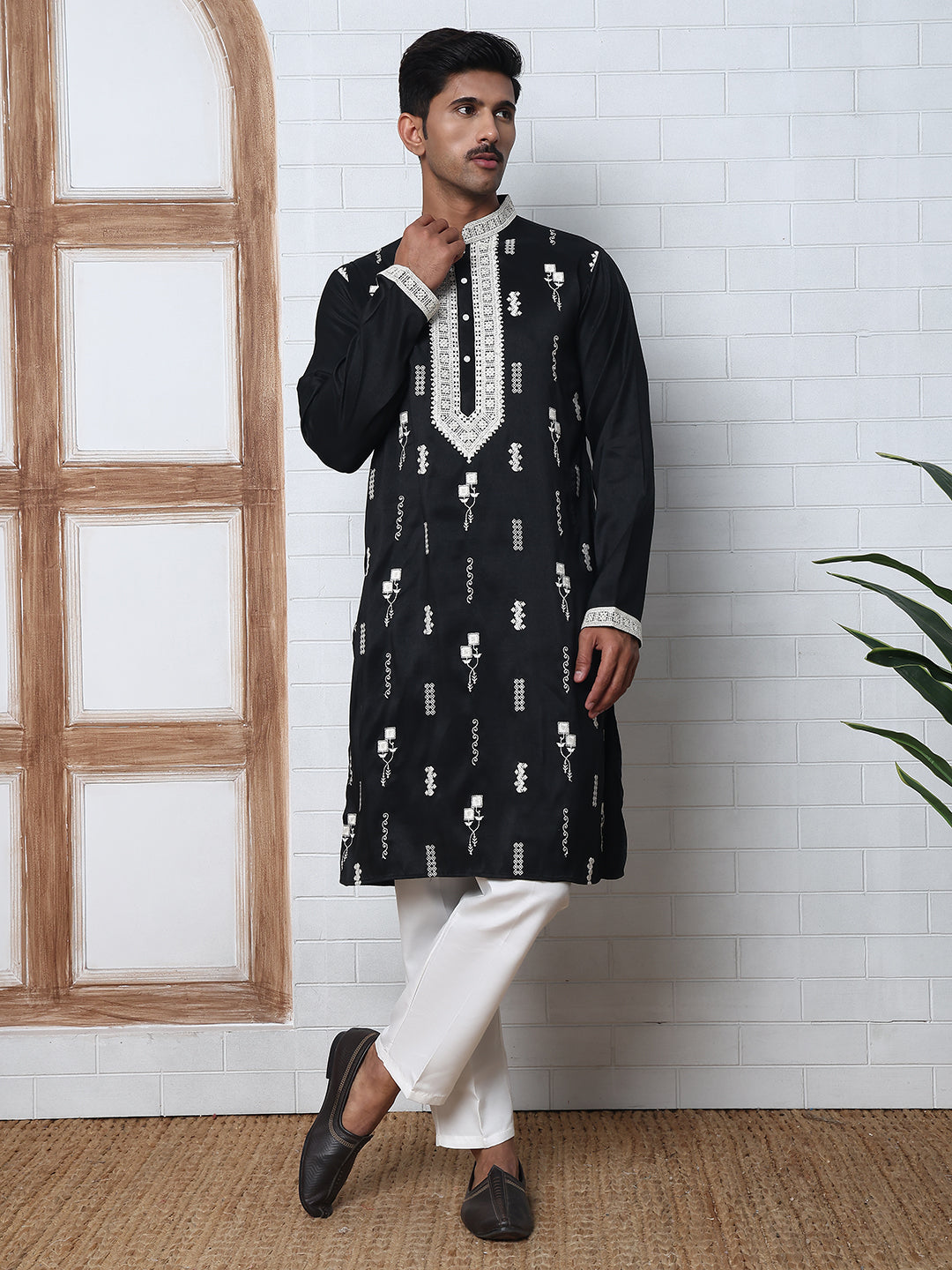 Men Silk Blend Ethnic Embroidered Kurtas ( HOPKO 012Black )  [RT] [P-3]