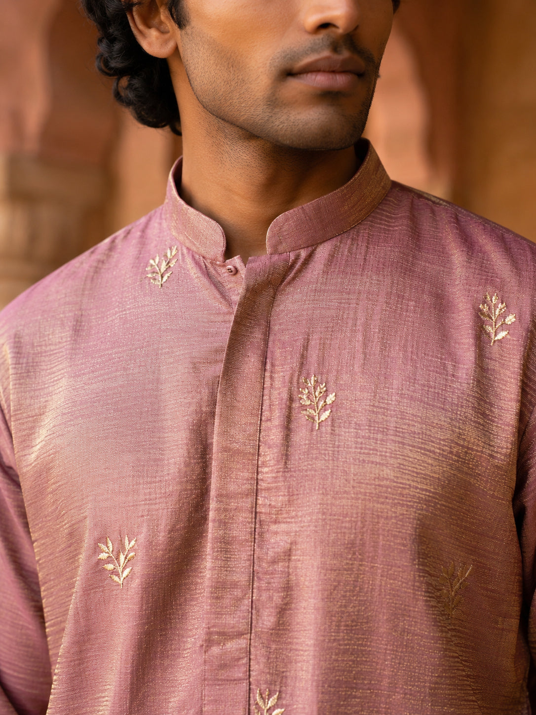 Silk Blend Embroidered Kurta for Men ( 65KO 5632 Peach )