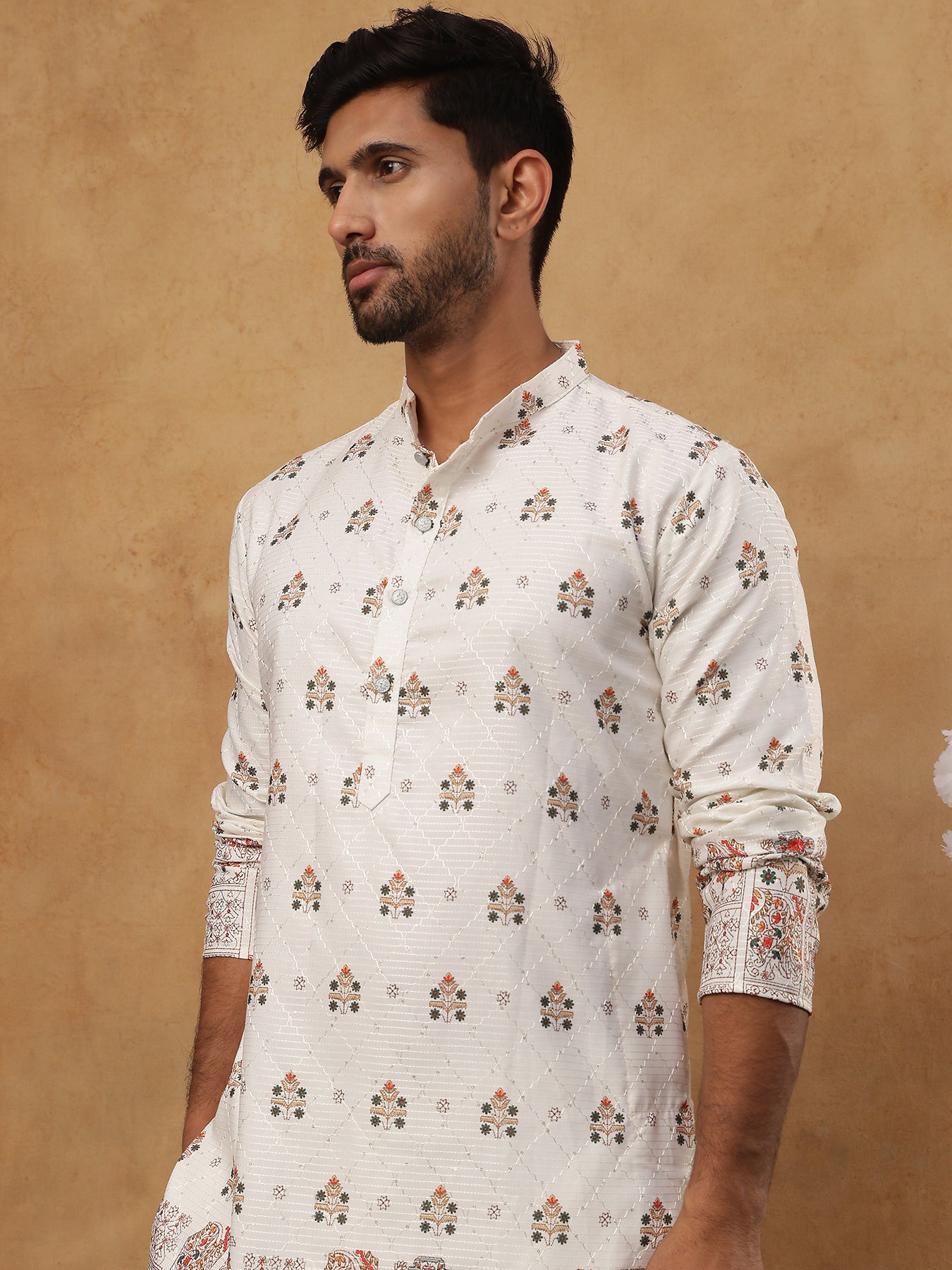 Silk Blend Traditional Printed Kurtas ( HOPKO 014White )  [RT] [P-2]