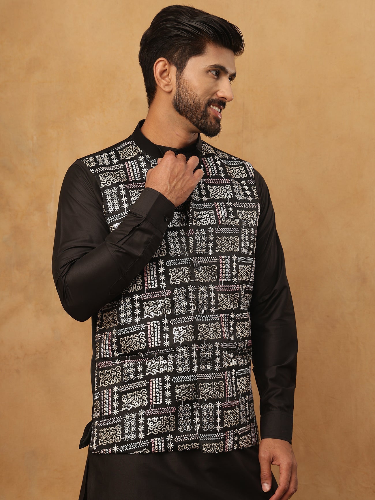 Embroidered Nehru Jacket Set with Solid Kurta Pyjama (65KPWC 592B 4150 Black )
