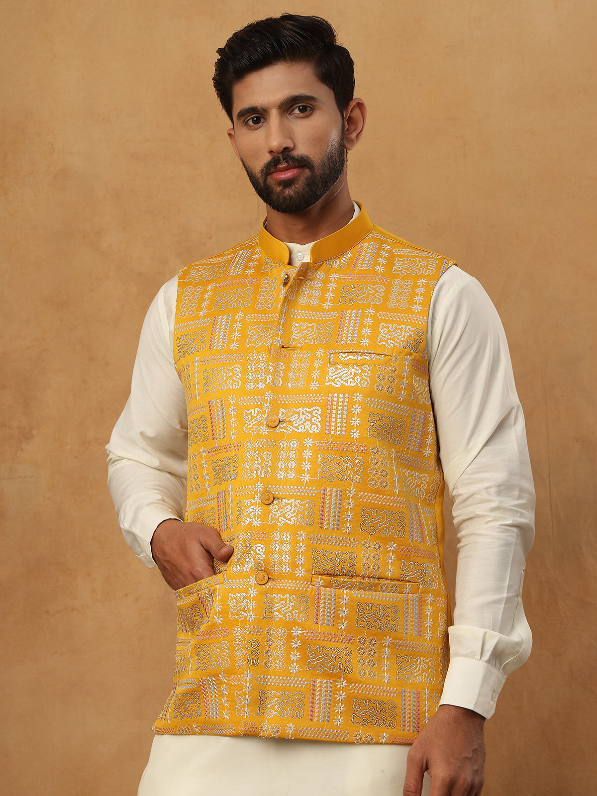 Embroidered Nehru Jacket Set with Solid Kurta Pyjama (65KPWC 592W 4150 Mustard )
