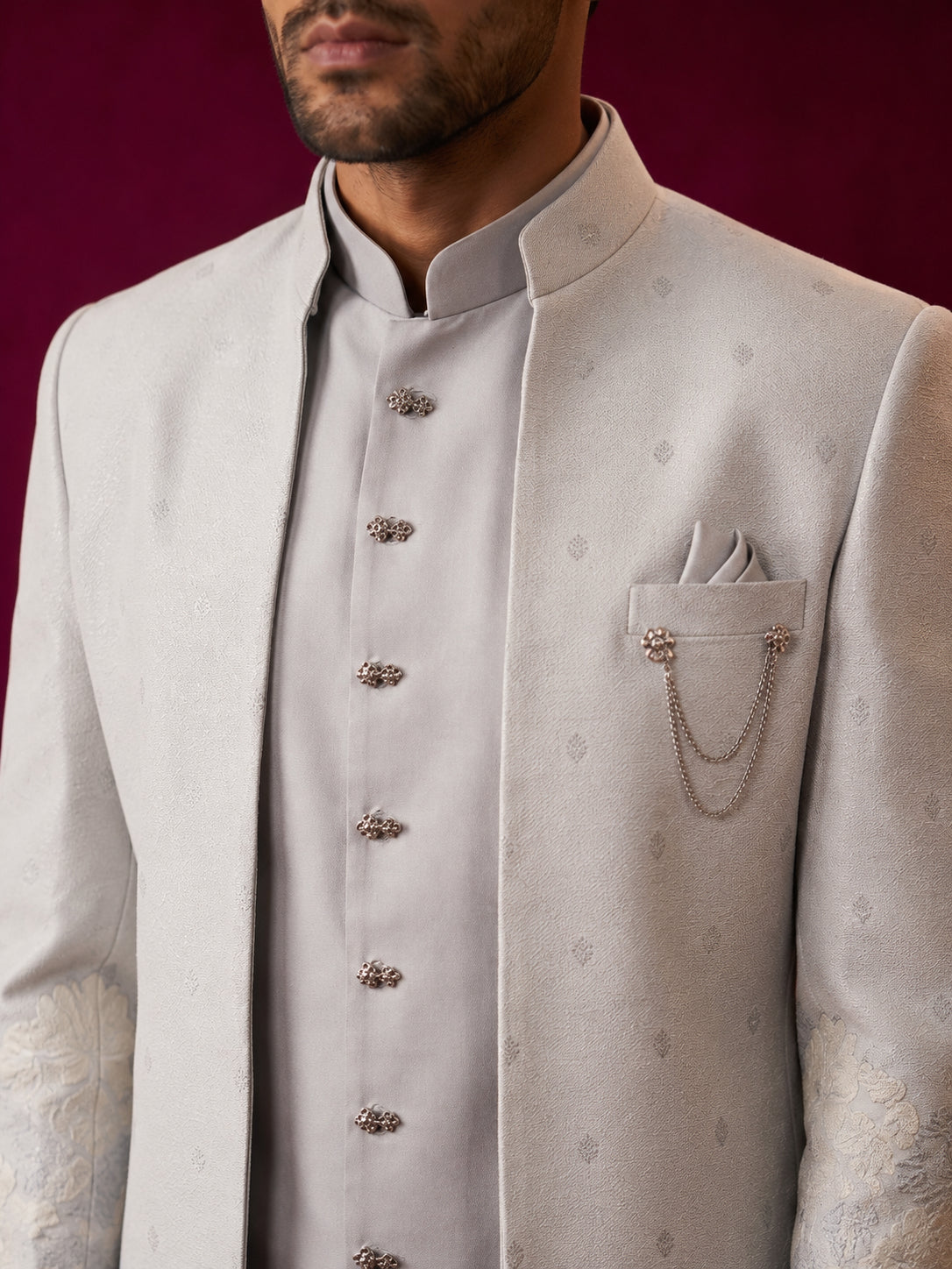Floral Design Jacquard Silk Indo-Western Set for Men