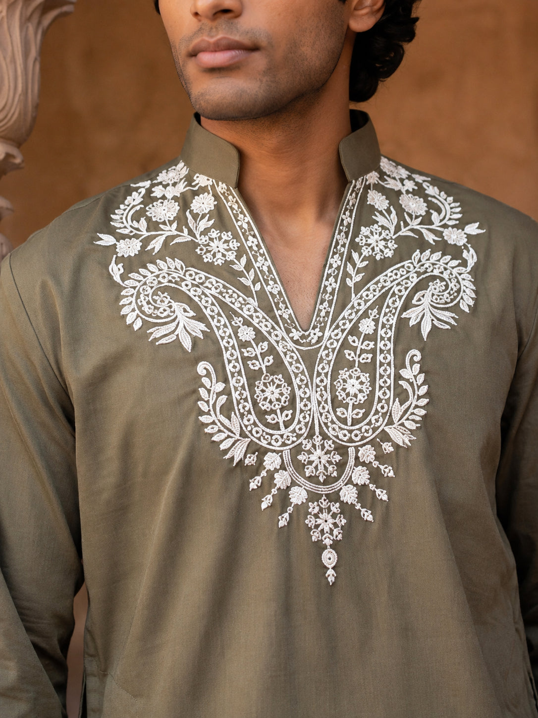 Embroidered Cotton Blend Kurta with Korean Pants ( 65KP PJ11W C 5635 Olive )