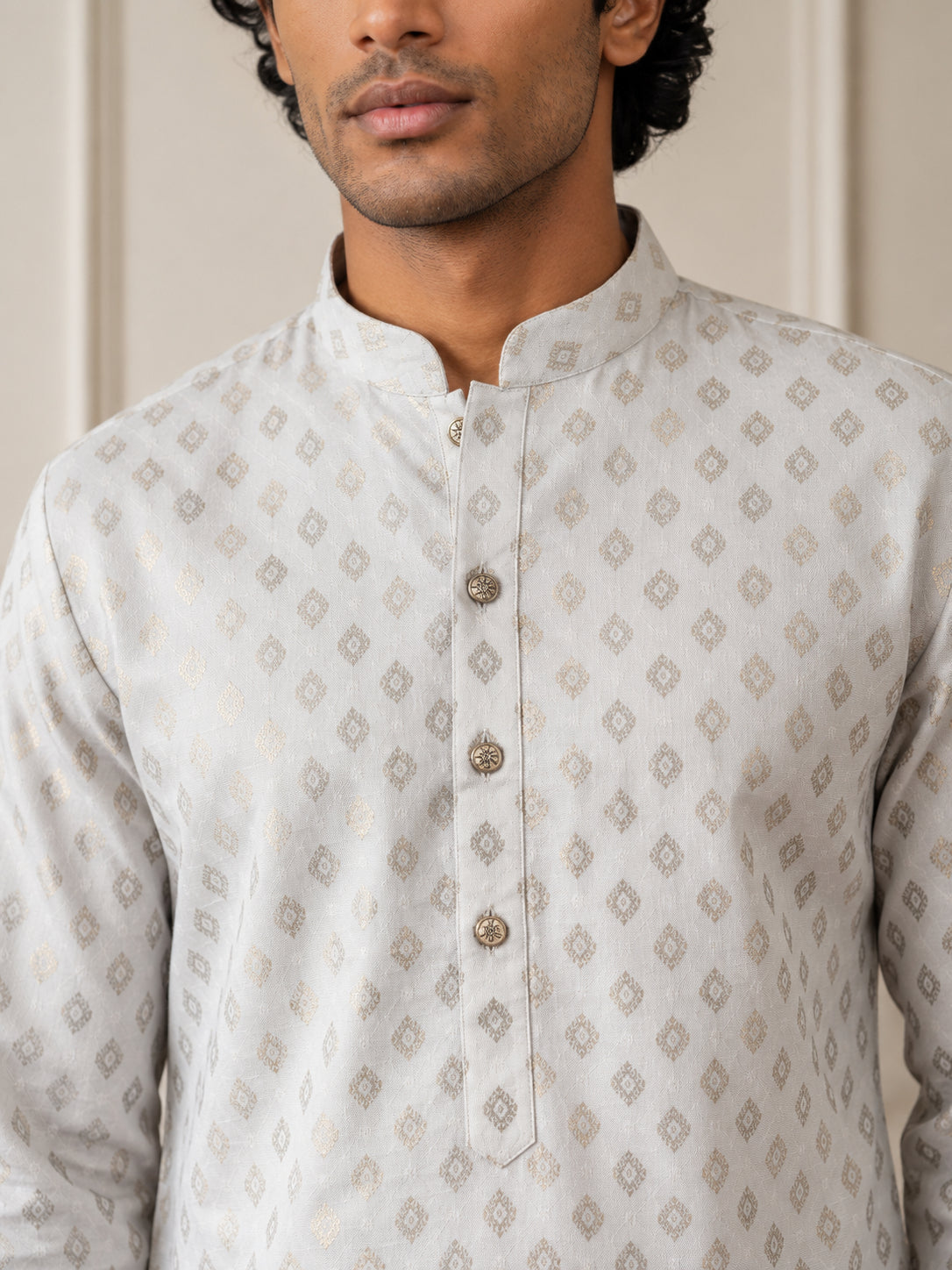 Men's Foil Print Traditional Kurta Pyjama ( 65KP W F 5642 White )