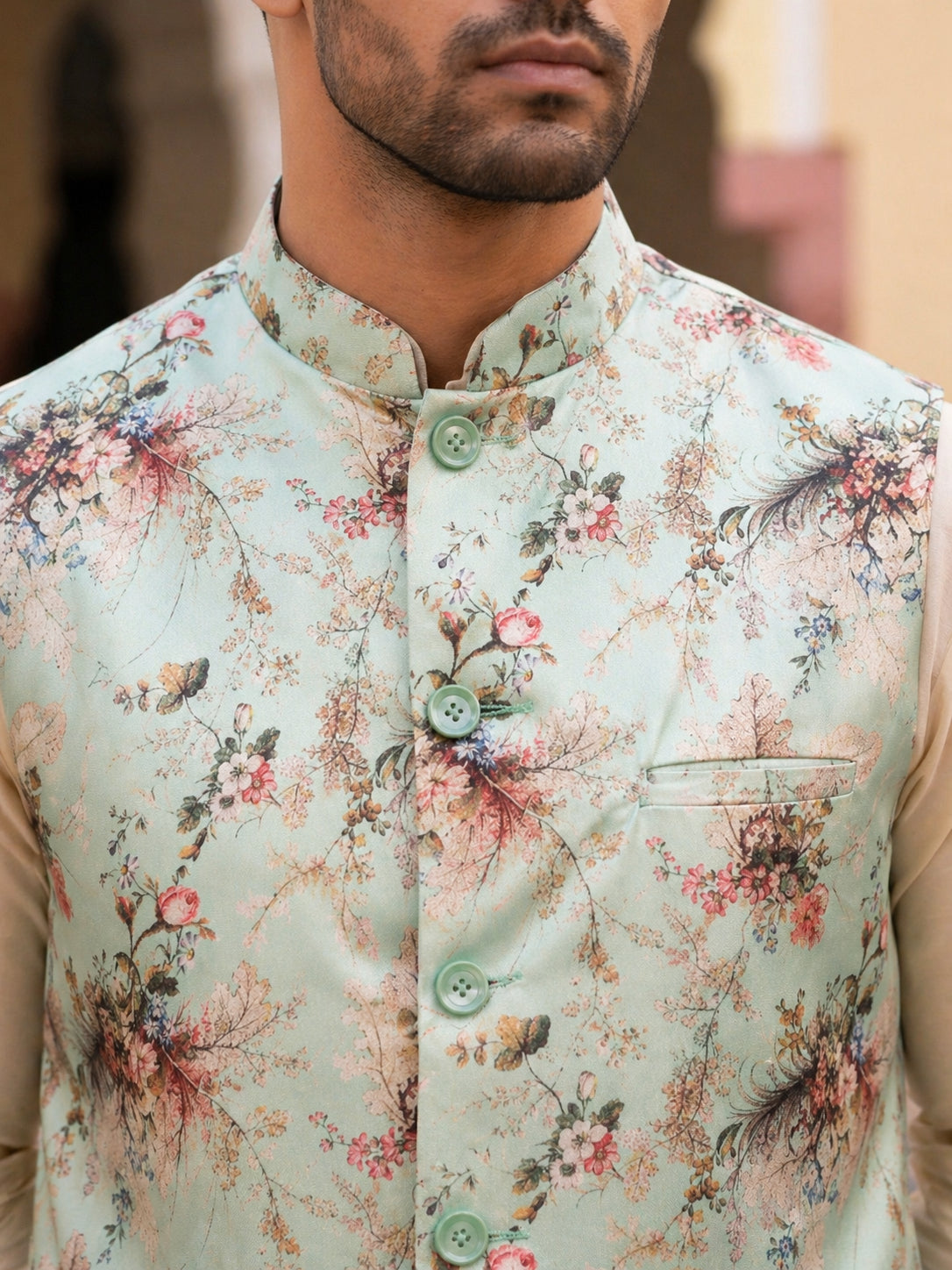 Men's Silk Blend Kurta Set with Printed Nehru Jacket ( JOKPWC 636W 4007Lime )