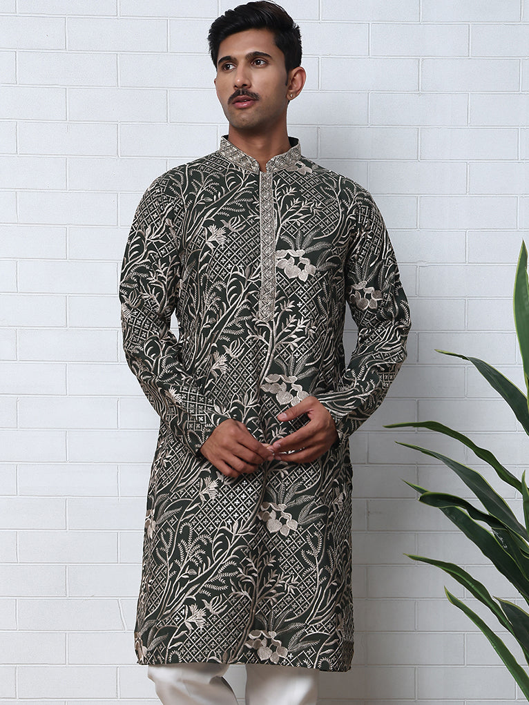 Embroidered Silk-Blend Kurtas ( ANMKO 289Olive )  [RT] [H-5]