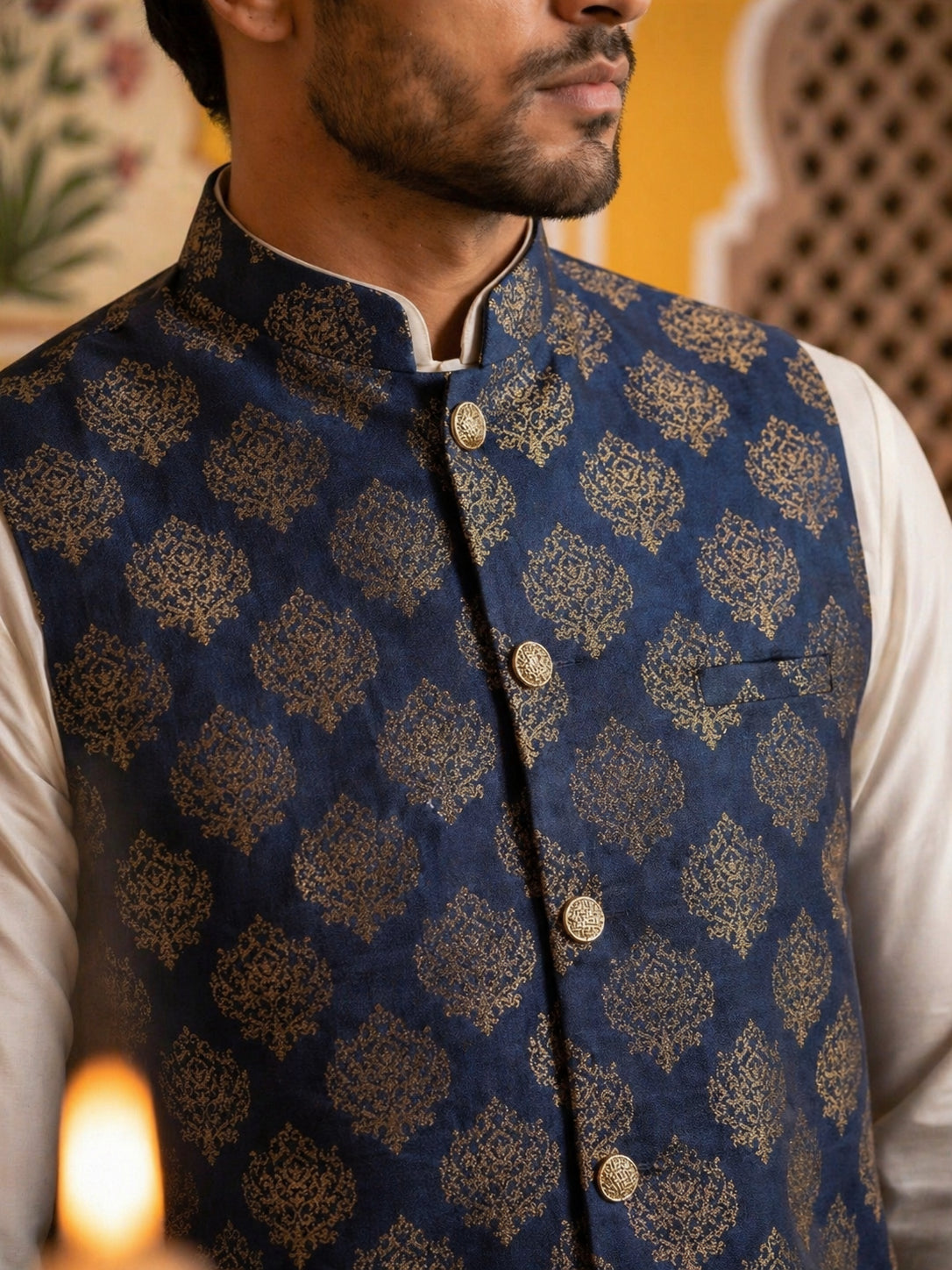 Men's Navy Blue Printed Nehru Jacket With Solid Kurta Pyjama ( JOKPWC 592W 4032Navy )