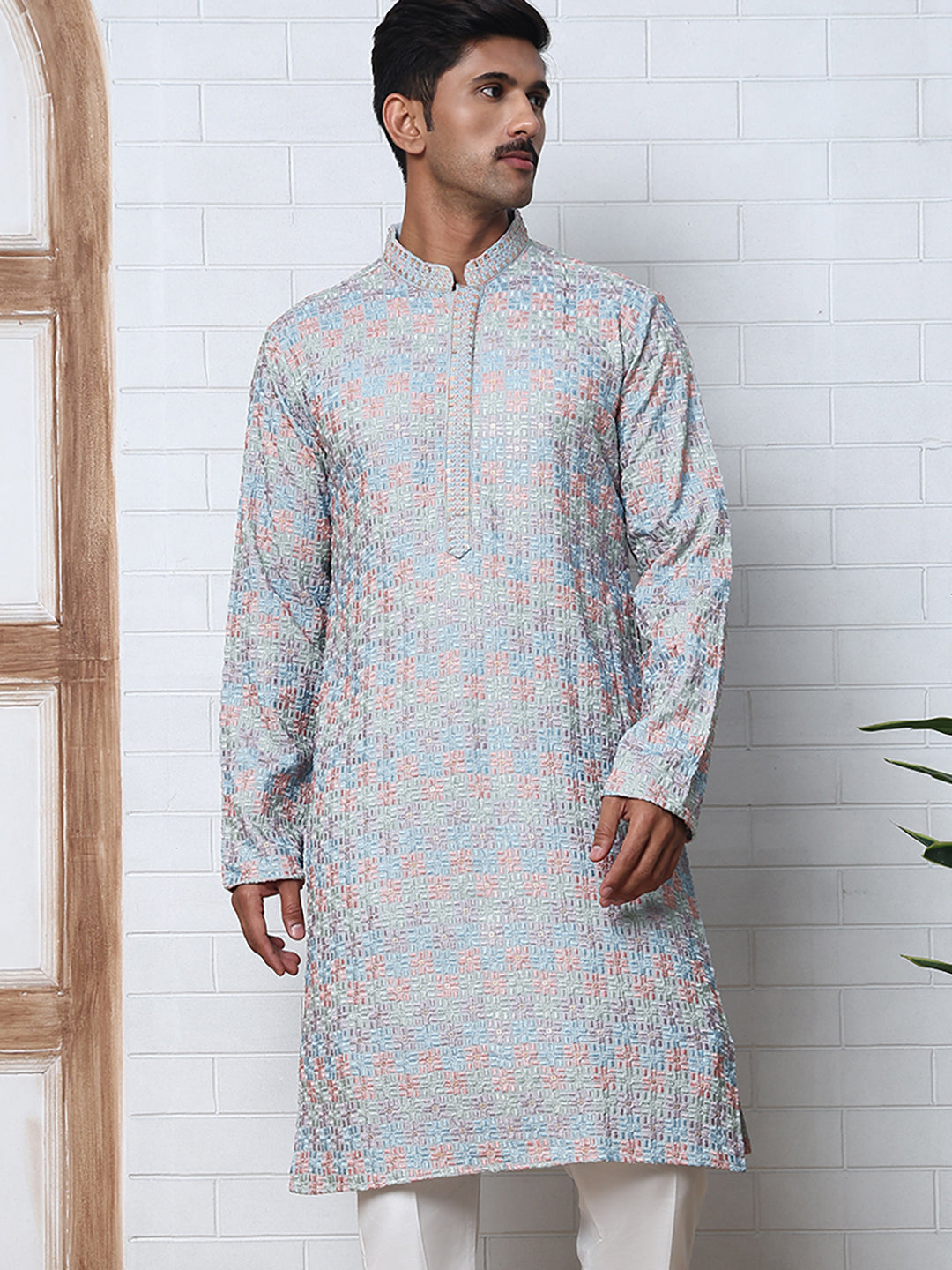 Viscose Rayon Self-Design Embroidered Kurtas ( ANMKO 278Blue )  [RT] [M-6]