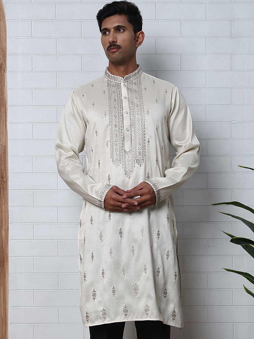 Silk Blend Ethnic Embroidered Kurtas ( ANMKO 296Off-White )