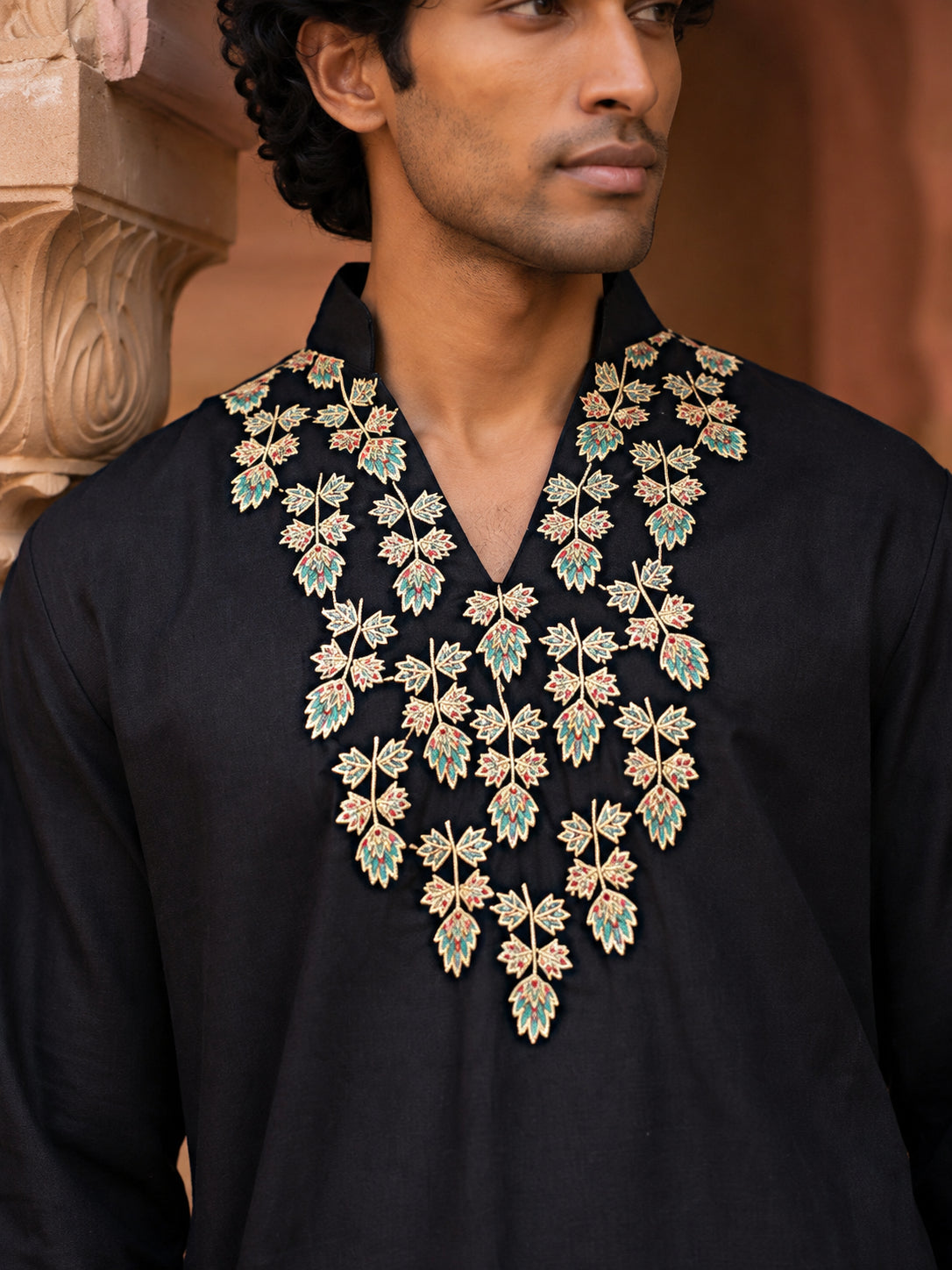 Japanese Fabric Designer Embroidered Kurta ( 65KO 5633 Black )