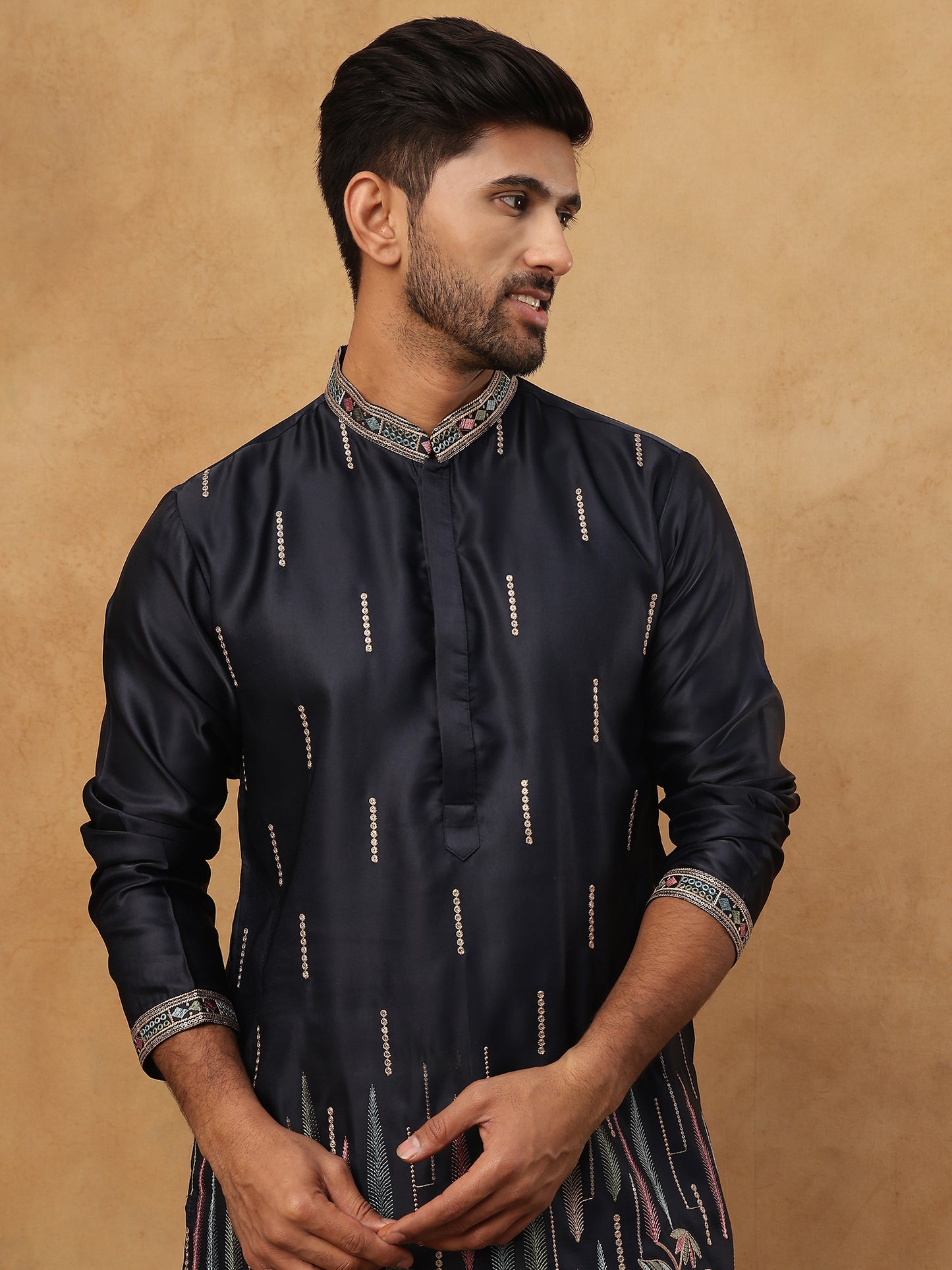 Silk Blend Floral Embroidered Kurtas ( HOPKO 005Navy )  [RT] [O-5]