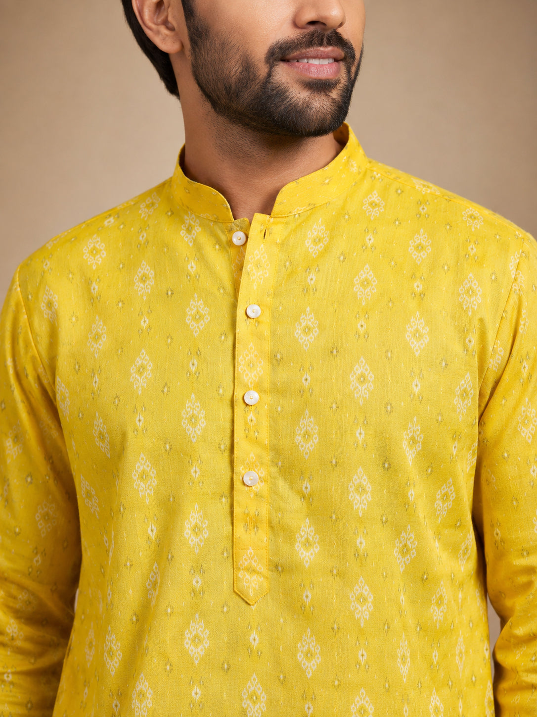 Men's Foil Print Traditional Kurta ( 65KO 5630 Yellow )
