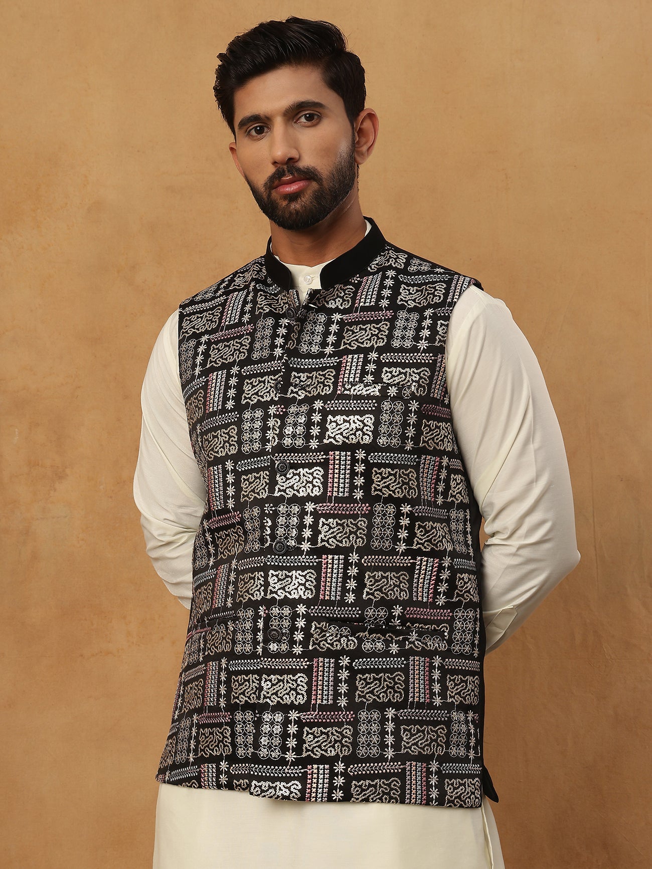 Embroidered Nehru Jacket Set with Solid Kurta Pyjama (65KPWC 592W 4150 Black )