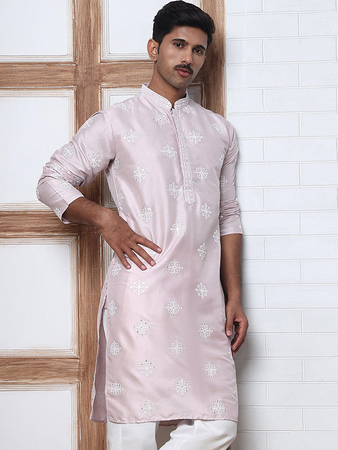 Men's Silk Blend Mirror & Thread Work Kurtas ( ANMKO 287Lavender )  [RT] [D-4]