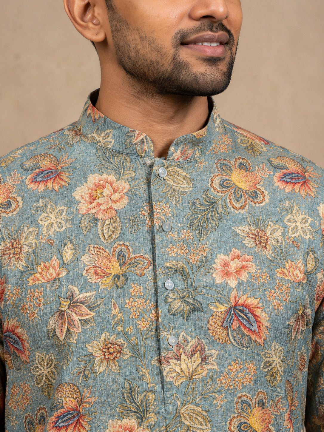 Floral Print & Thread Work Kurta Pyjama Set ( 65KP W P 5631 Blue )