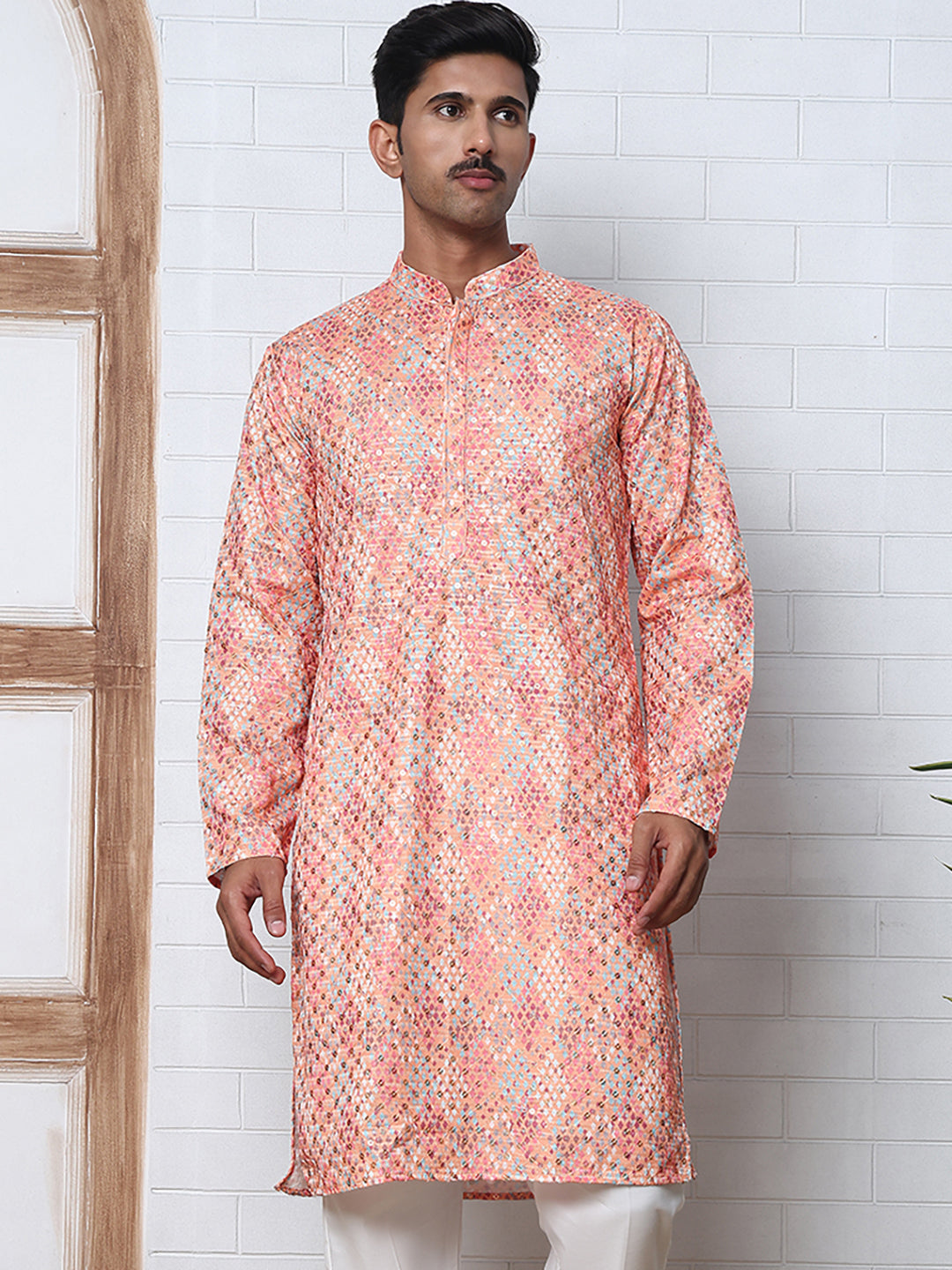 Men's Festive Sequins & Thread Work Kurtas ( ANMKO 288Peach )  [RT] [C-3]