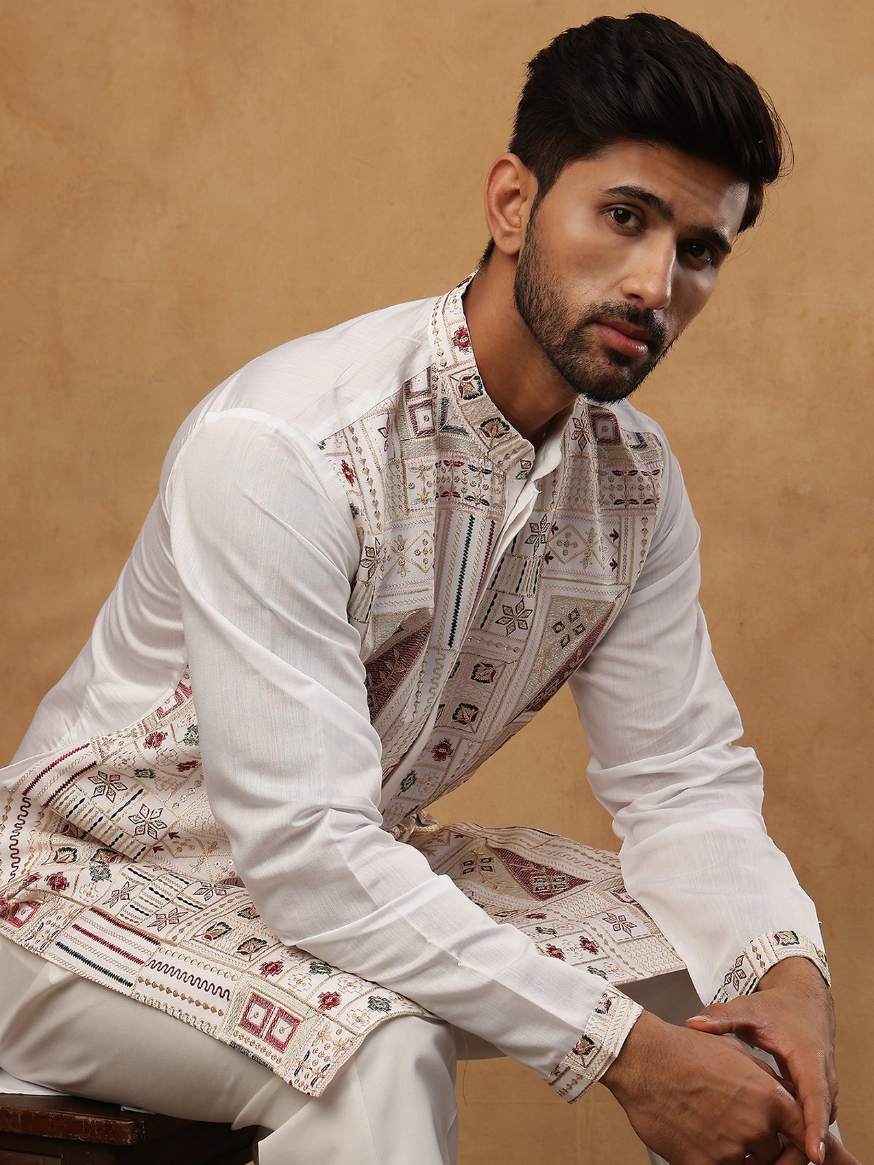 Men Festive Silk Blend Embroidered Kurta ( HOPKO 002White )  [RT] [O-1]