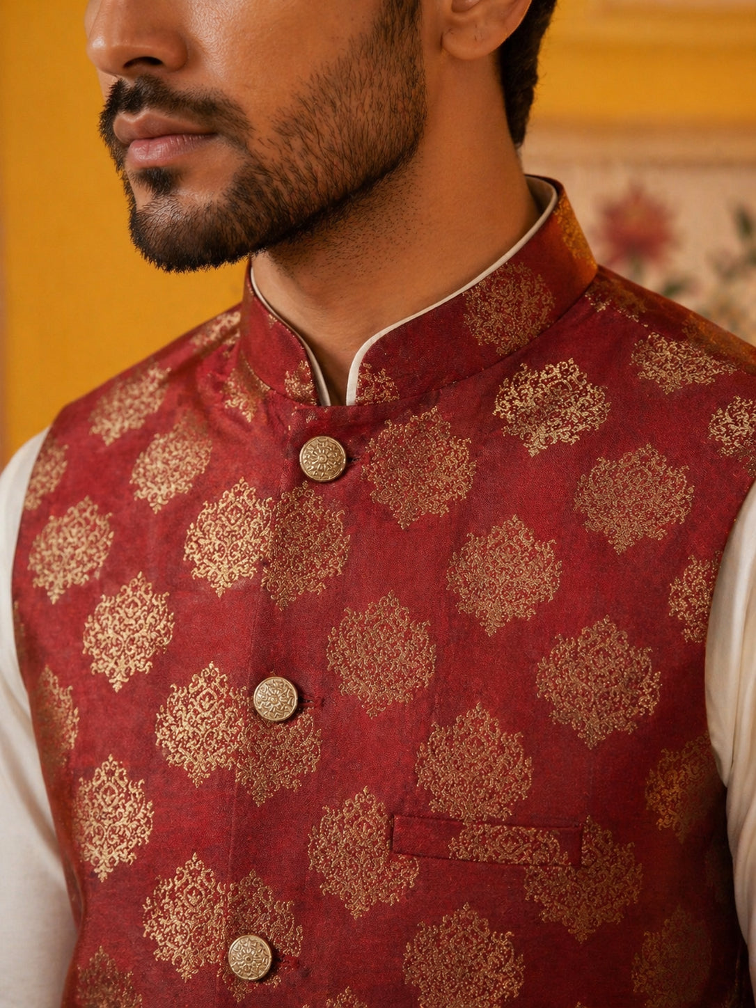 Men's Maroon Printed Nehru Jacket With Solid Kurta Pyjama ( JOKPWC 592W 4032Maroon )