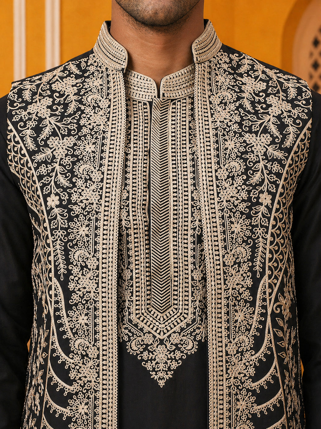 Men's Embroidered Waistcoat and Kurta Pyjama ( JOKPWCS 5054Black )
