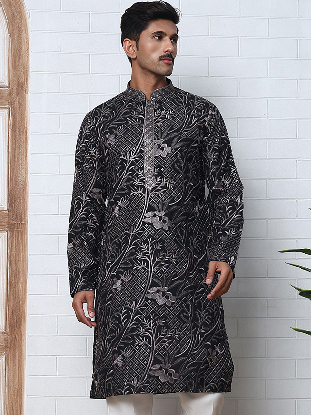 Embroidered Silk-Blend Kurtas ( ANMKO 289Black )  [RT] [H-5]