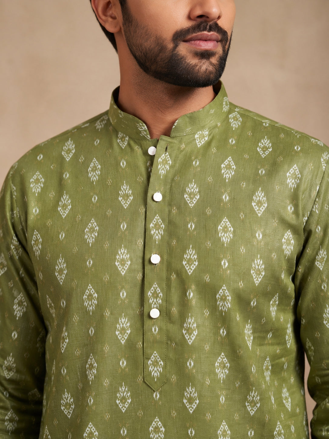 Men's Foil Print Traditional Kurta Pyjama ( 65KP W F 5630 Olive )
