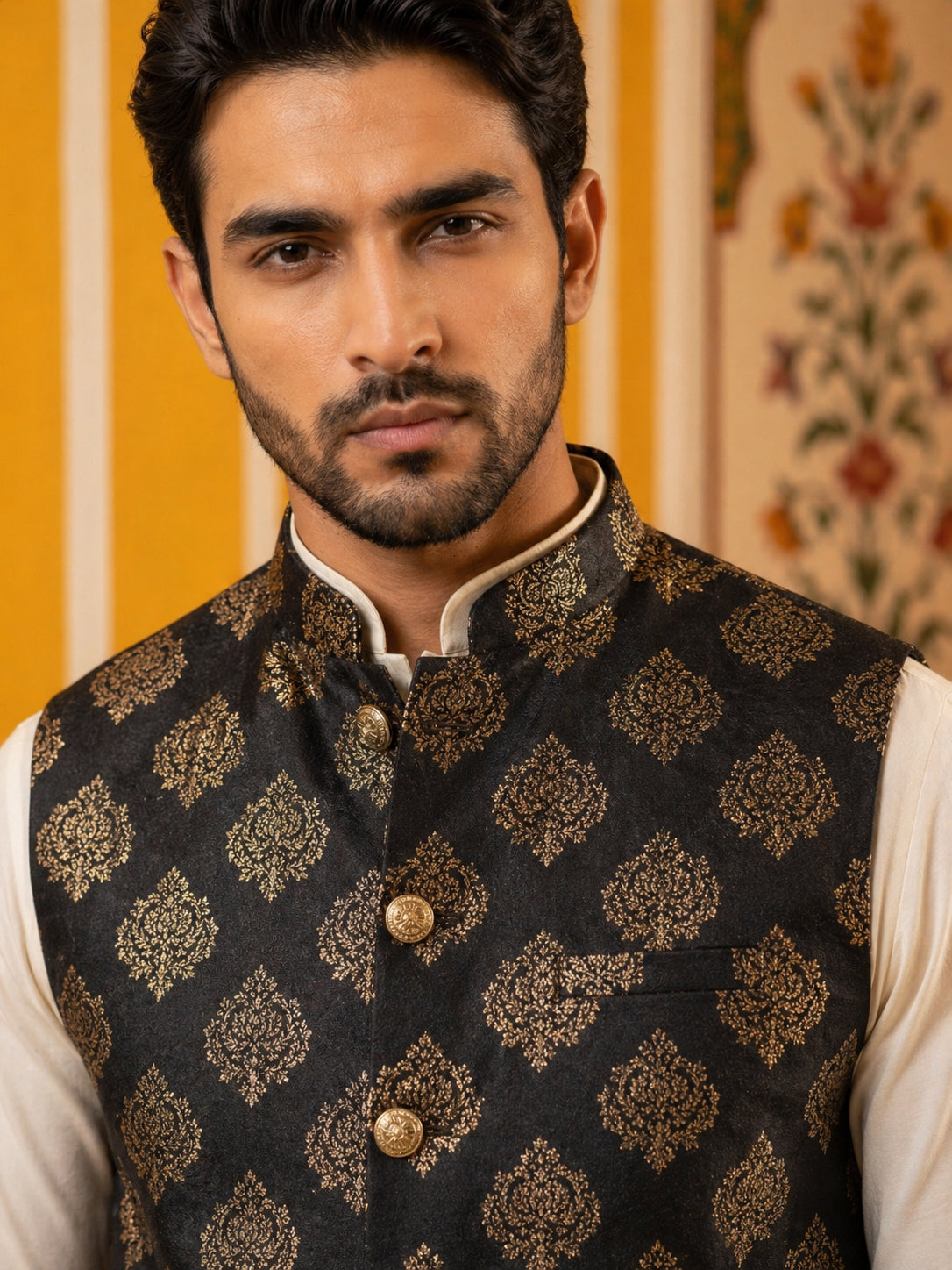 Men's Black Printed Nehru Jacket With Solid Kurta Pyjama ( JOKPWC 592W 4032Black )