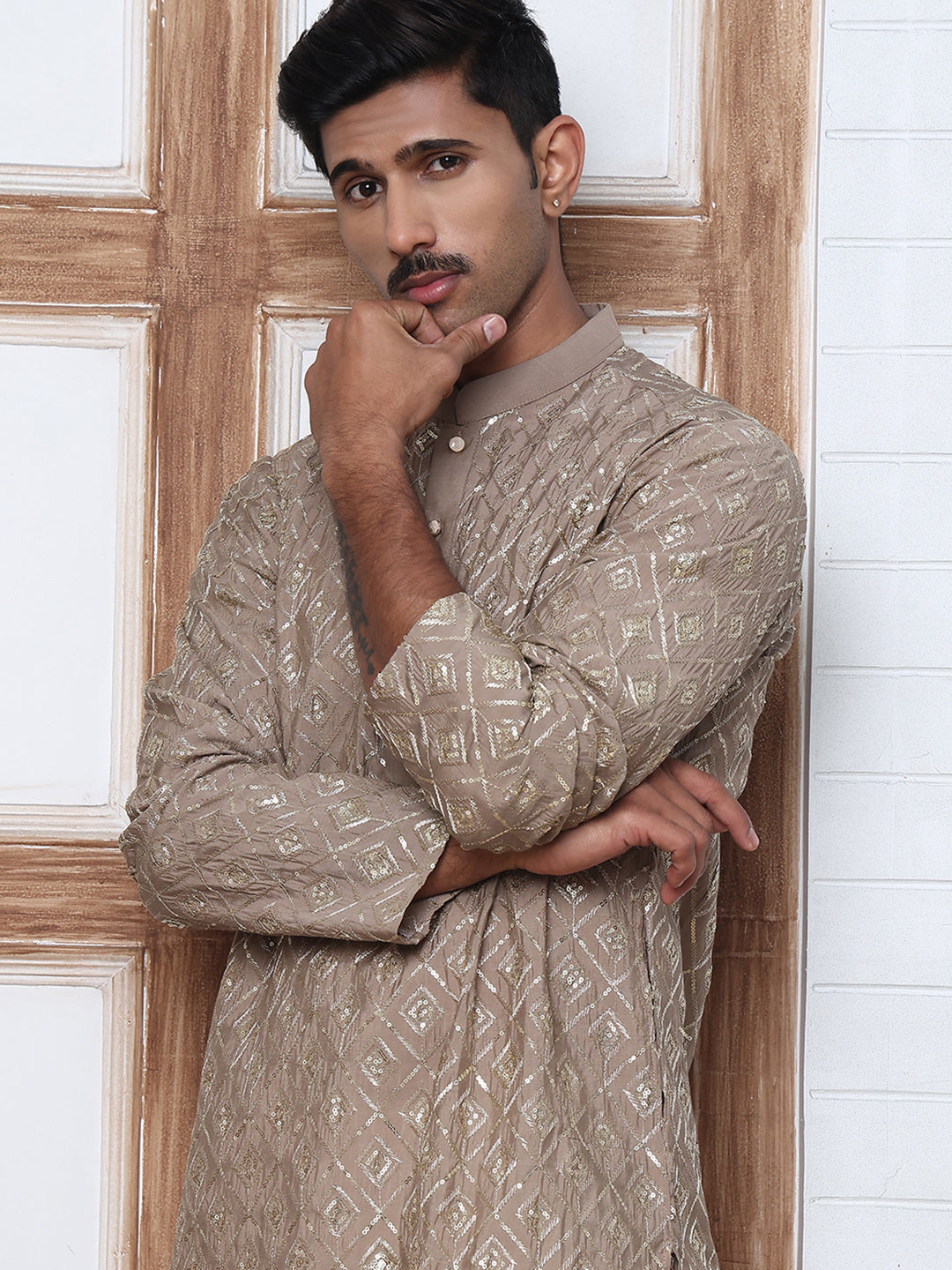 Geometric Sequin Pattern Kurtas ( ANMKO 282Brown )  [RT] [L-4]
