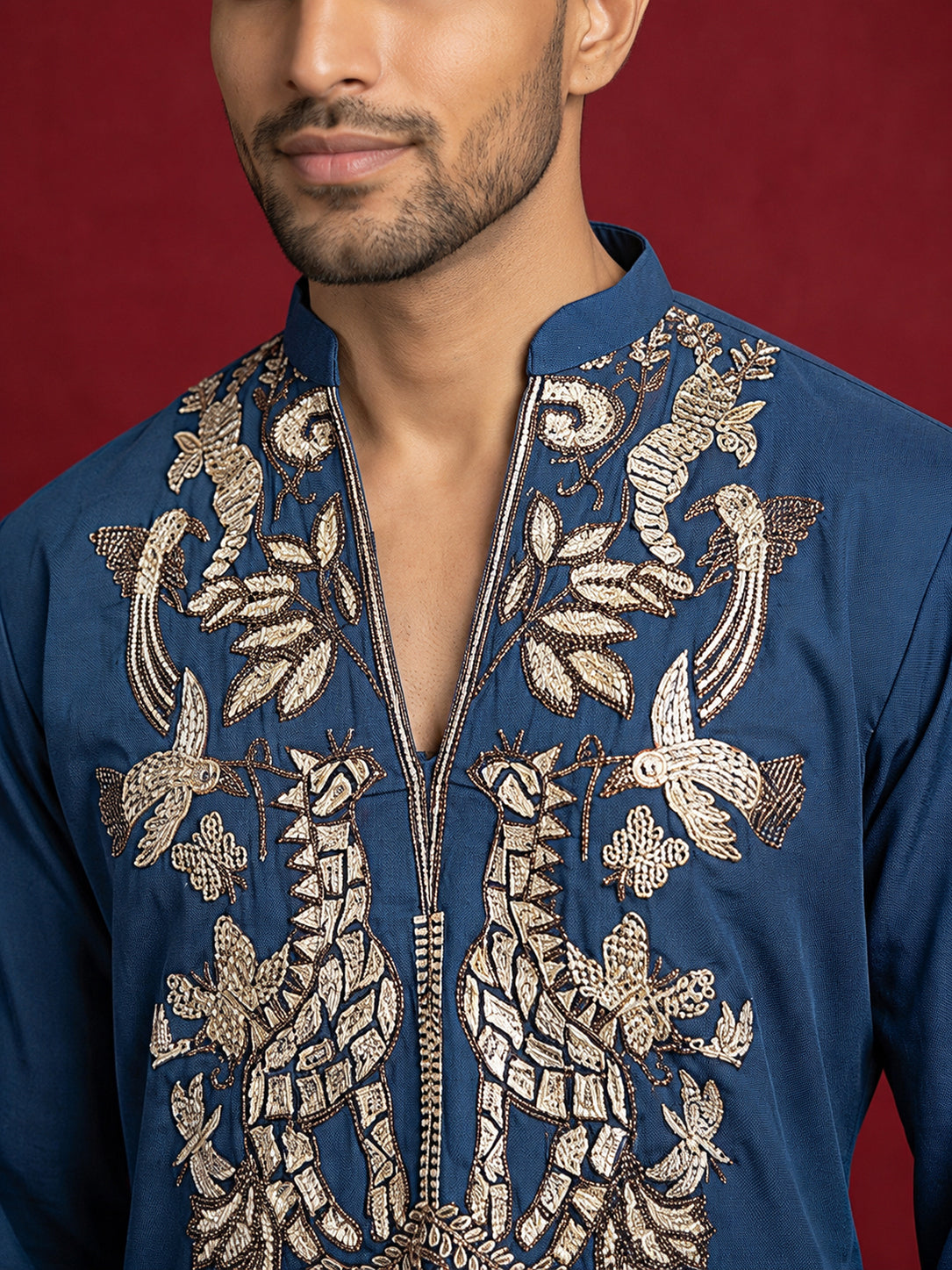 Men's Japanese Fabric Embroidered Kurta ( 65KO 5592Peacock ) [FF] [G-4]