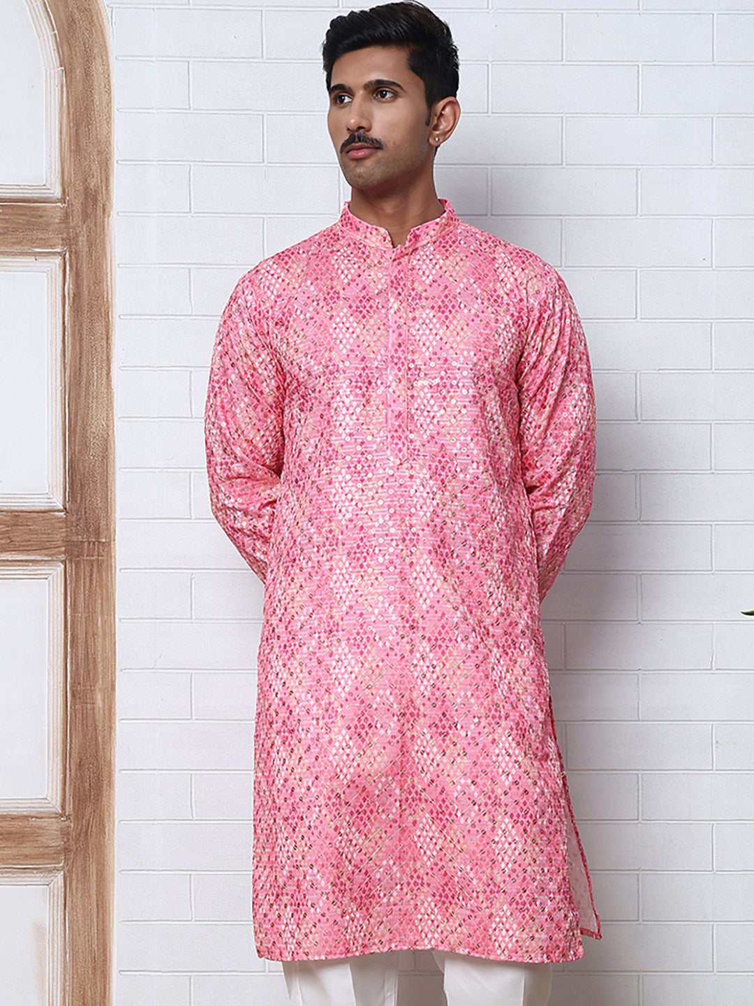 Men's Festive Sequins & Thread Work Kurtas ( ANMKO 288Pink )  [RT] [C-3]