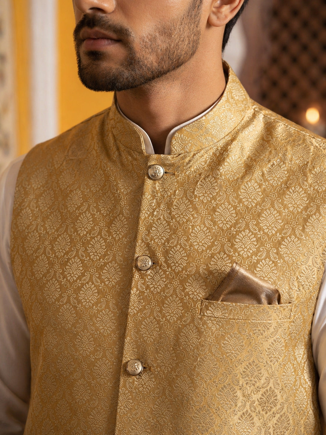 Woven Design Nehru Jacket With Solid Kurta Pyjama for Men ( JOKPWC 636W 4005Golden )