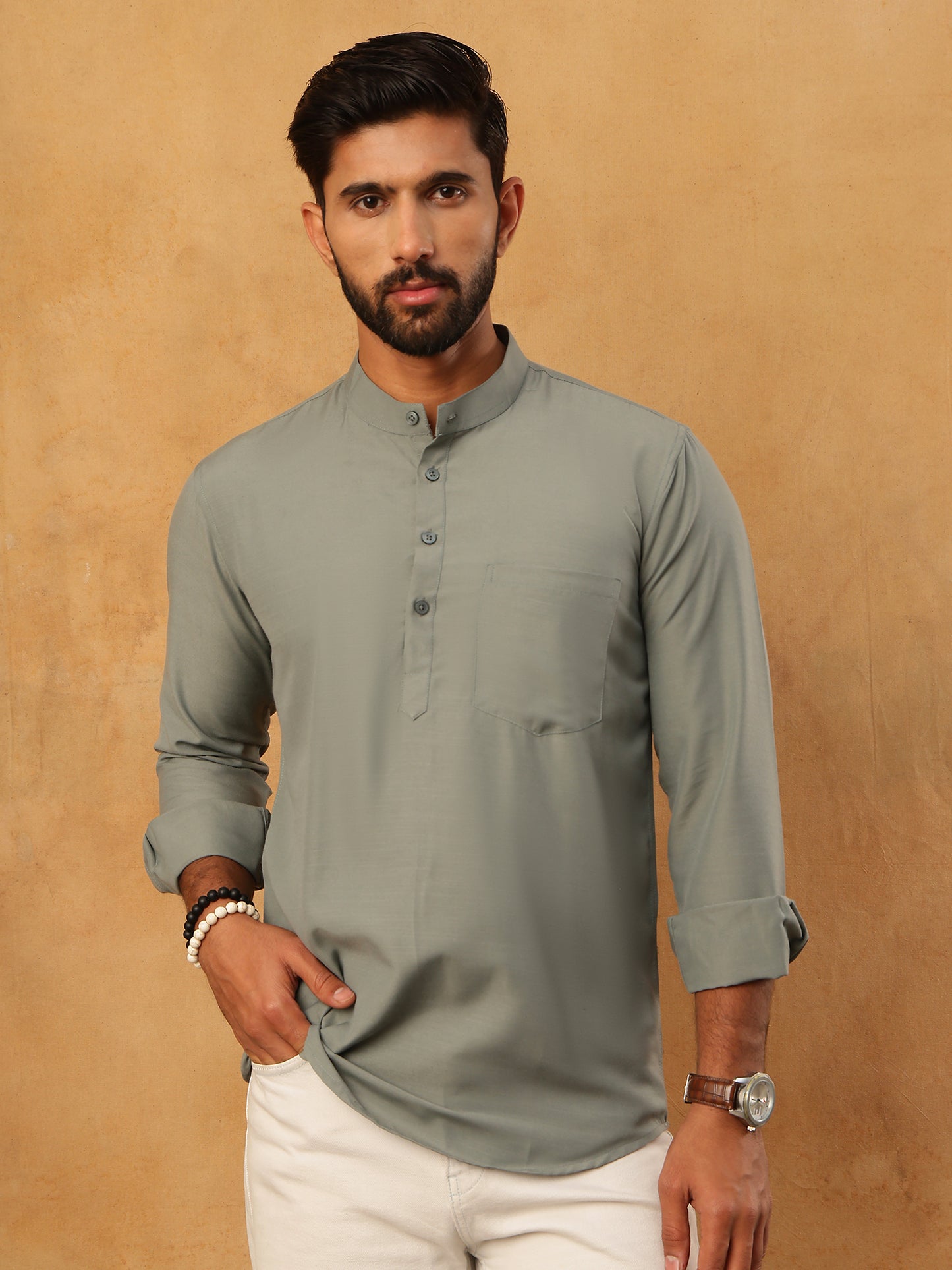 Solid Casual Short Kurta for Men ( ANMKO 304Grey )