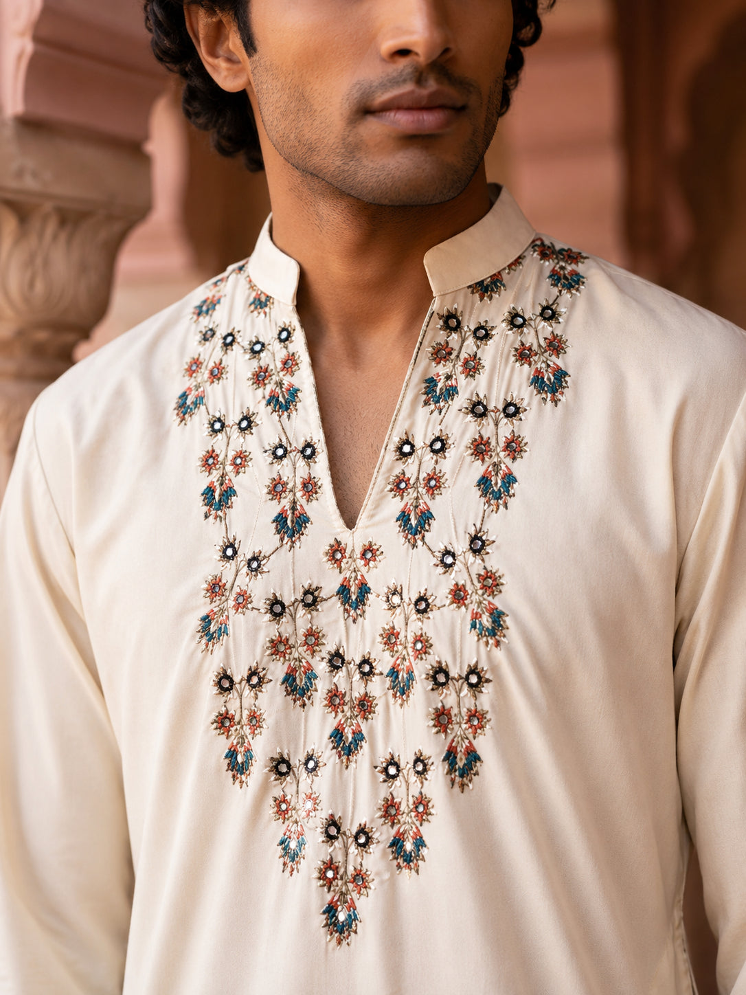 Japanese Fabric Designer Embroidered Kurta With Korean Pants ( 65KP PJ11B F 5633 White )