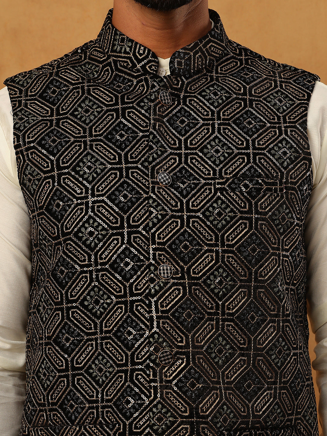 Velvet Embroidered Nehru Jacket Kurta Pyjama Set ( HOPKPWC_592W_7029Black )