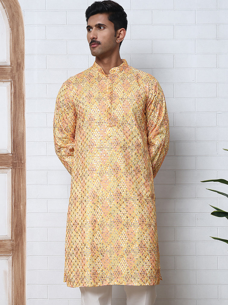 Men's Festive Sequins & Thread Work Kurtas ( ANMKO 288Yellow )  [RT] [C-3]