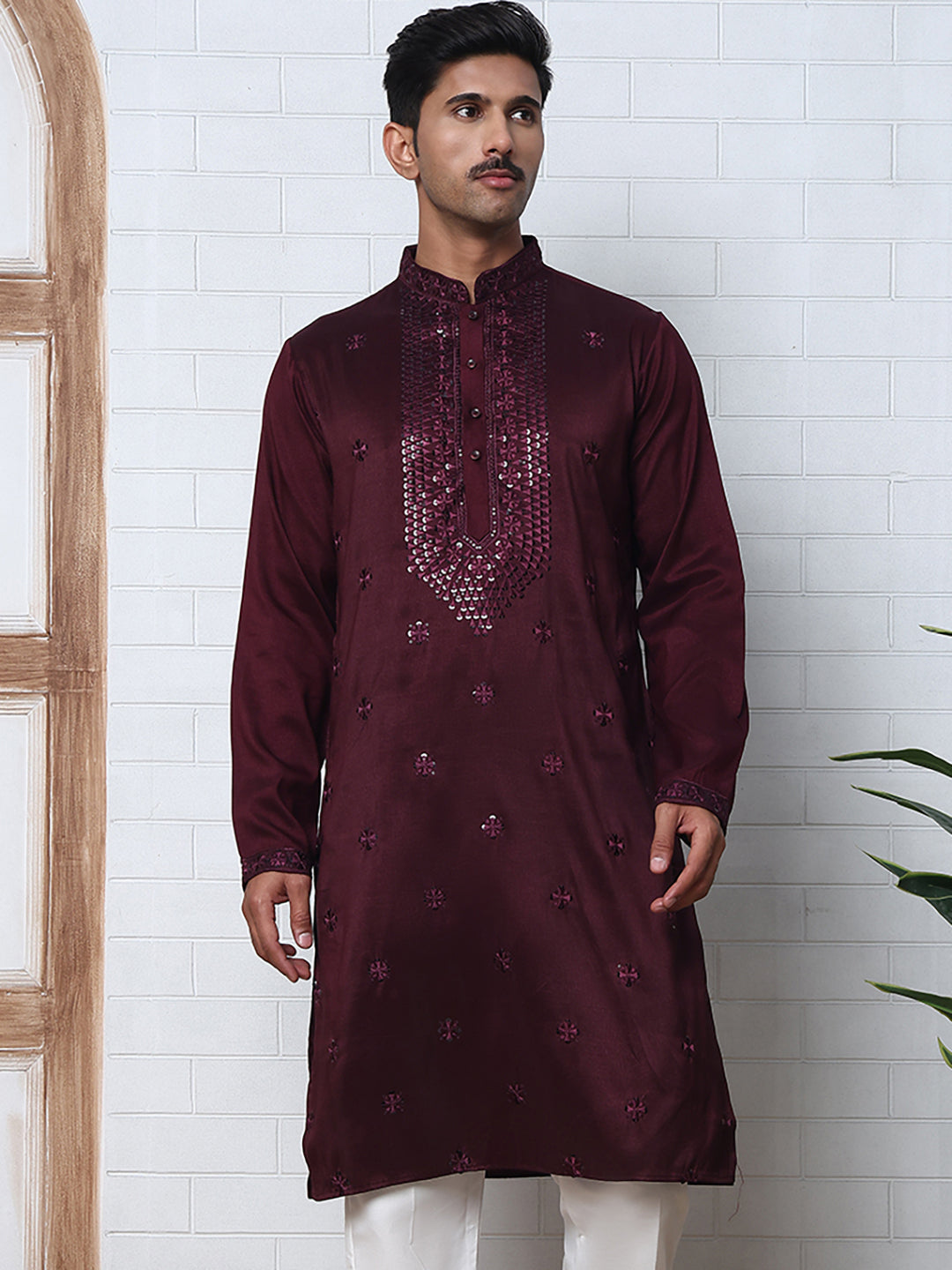 Men Silk Blend Festive Embroidered Kurtas ( ANMKO 286Maroon )  [RT] [M-6]