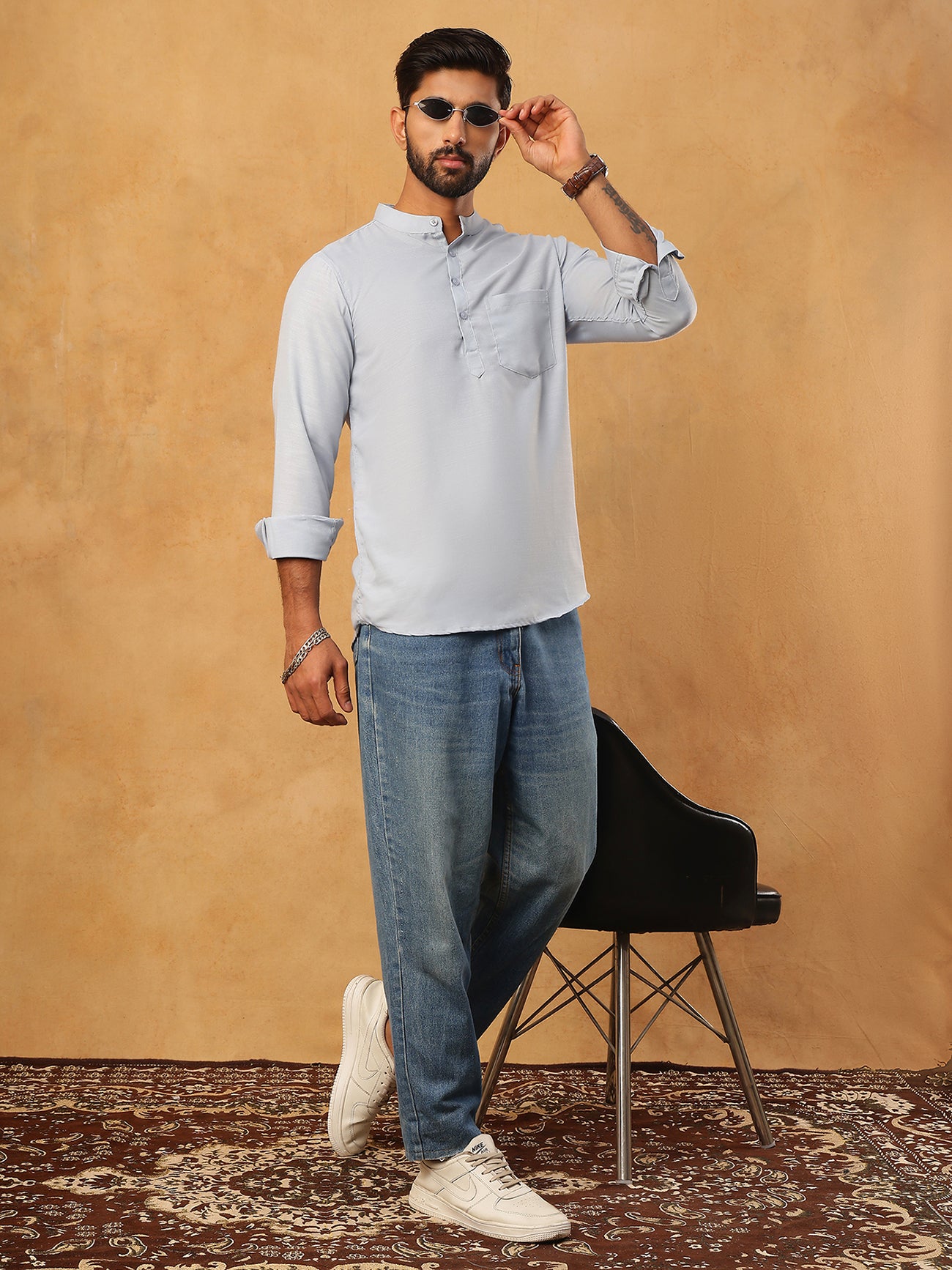 Solid Casual Short Kurta for Men ( ANMKO 304Sky )