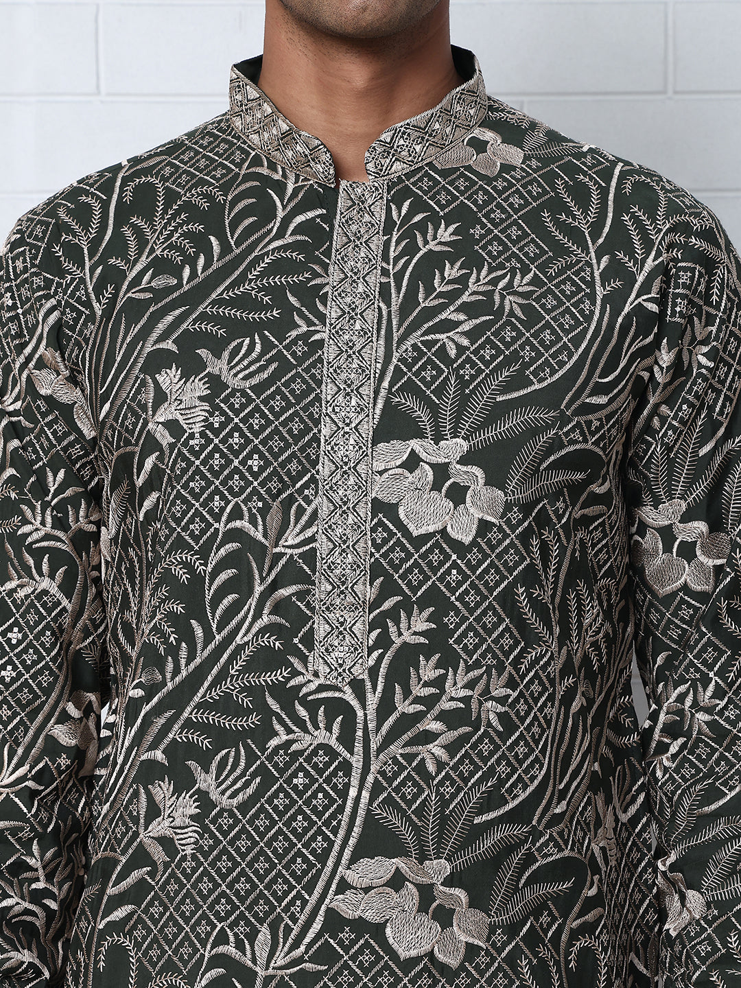 Embroidered Silk-Blend Kurtas ( ANMKO 289Olive )  [RT] [H-5]