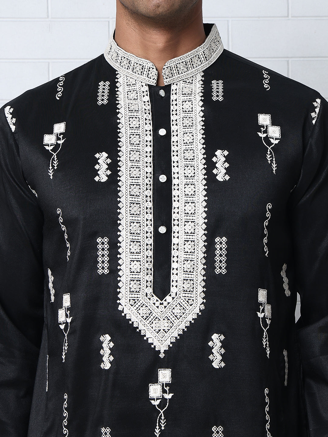 Men Silk Blend Ethnic Embroidered Kurtas ( HOPKO 012Black )  [RT] [P-3]