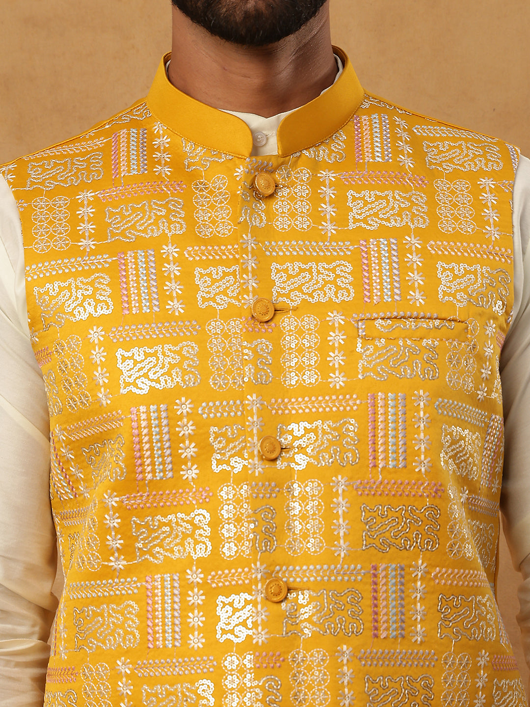 Embroidered Nehru Jacket Set with Solid Kurta Pyjama (65KPWC 592W 4150 Mustard )