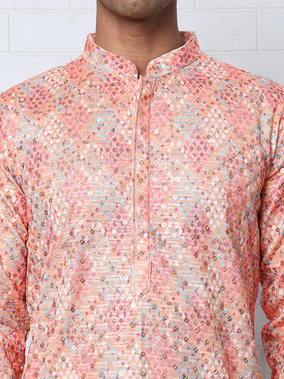 Men's Festive Sequins & Thread Work Kurtas ( ANMKO 288Peach )  [RT] [C-3]